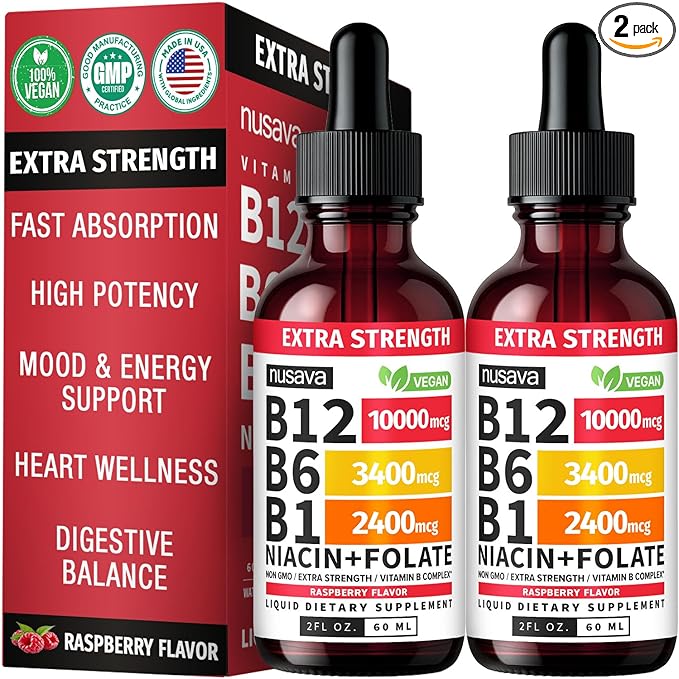 NUSAVA (2 Pack Extra Strength Liquid Vitamin B12 Sublingual Vitamin B Complex - B12 Drops 10000mcg - Methylcobalamin for Energy, Brain, and Heart Support, Raspberry Flavor, 2 floz, 80 Servings