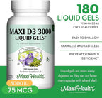 Maxi Health Vitamin D3 3000 IU 75 mcg Vitamin D Supplement for Healthy Bones, Teeth, Immune Support - VIT D3 Supplement Easy to Swallow Non-GMO, Supplement for Men and Women – Kosher 180 Gels