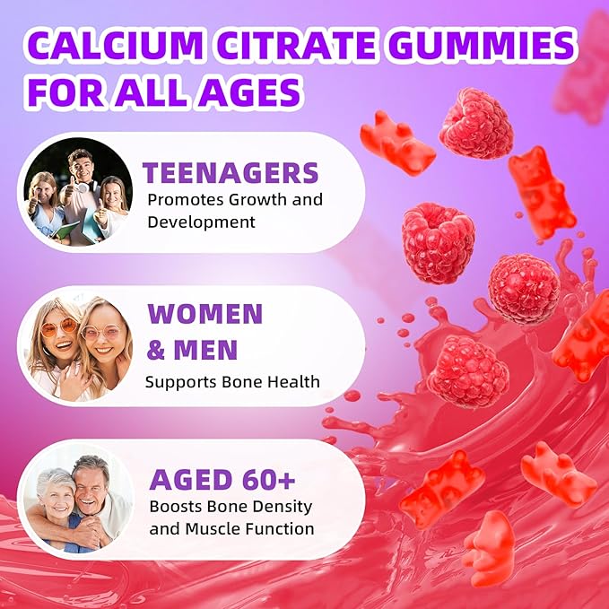 Calcium Citrate Gummies 1200mg Calcium Gummies for Women & Men, Chewable Calcium Supplements Support Immune Health & Bone Strength, Vegan/Sugar-Free/Gluten-Free, Raspberry Flavor 60 Count