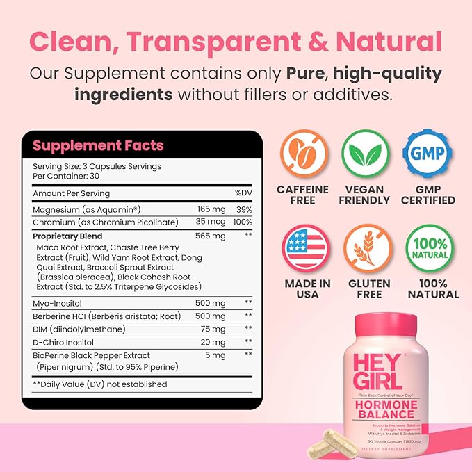Hey Girl Hormone Balance for Women – 13-in-1 Menopause, PMS & Cycle Support – Mood & Hot Flash Support – w Myo-Inositol, Berberine, Maca Root, Black Cohosh, DIM, Dong Quai