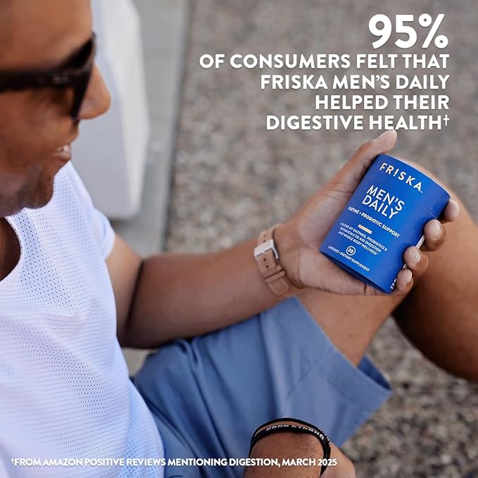 Friska Men’s Daily Gut Support - Digestive Enzymes, Probiotics to Help Break Down Foods, Supports Energy & Nutrient Absorption with Vitamins B6 & B12, 30 Capsules