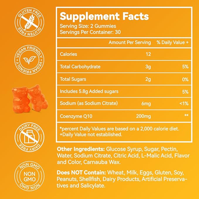 CoQ10 Gummies 200mg, Vegan Supplement for Energy Production, Non-GMO, Gluten Free (60 Gummies)