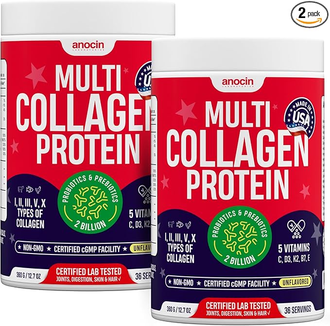 Multi Collagen Peptides w/Prebiotic + Probiotics + Type I, II, III, V, X + Hydrolyzed Collagen Powder w/Vitamin C+D3+B7+K2+E Hyaluronic Acid, Supports Skin Hair Nail Joint, Grass-Fed, Non-GMO (2)