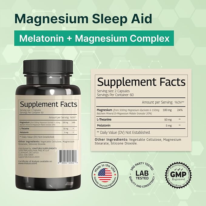Magnesium Sleep Aid - Magnesium Glycinate Complex for Sleep with Melatonin Supplement - Glycinate 500mg, L-Theanine - 120 Capsules