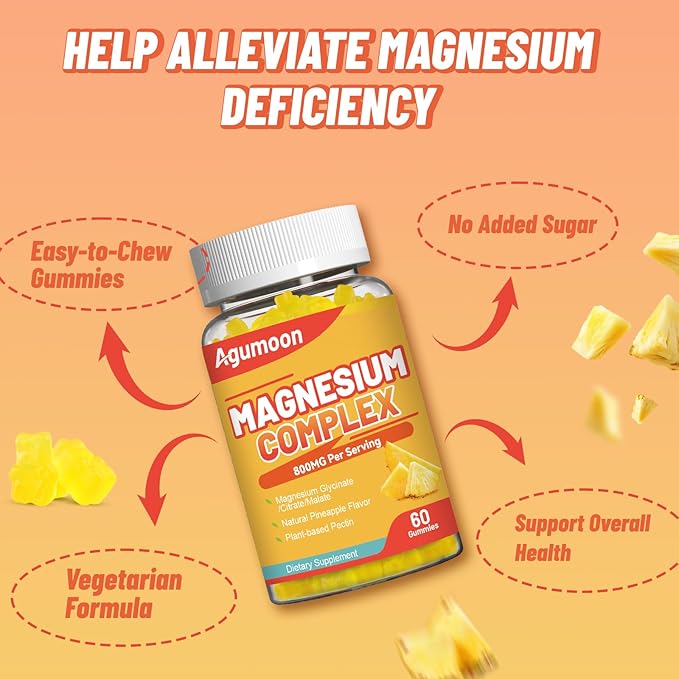 Magnesium Complex Gummies 800mg with Zinc & Vitamins B6, B12, C, D3, 60 Pineapple Gummies, High Absorption Glycinate, Citrate, Malate, Non-GMO, Gluten-Free