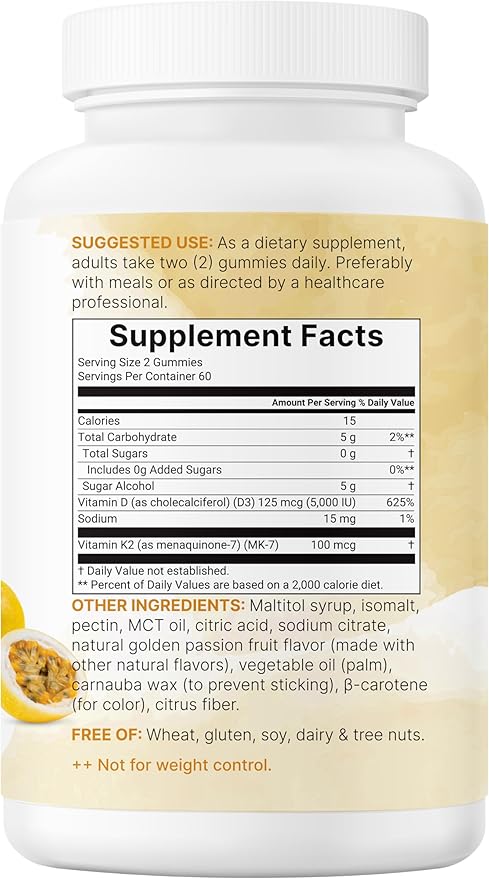 Micro Ingredients Vitamin D3 K2 Gummies, 120 Count | 5,000 IU Vitamin D + 100 mcg K2 MK-7 | Bone, Immune & Heart Health Supplements* | Sugar Free Golden Passion Fruit Flavor | Non-GMO, Gluten Free