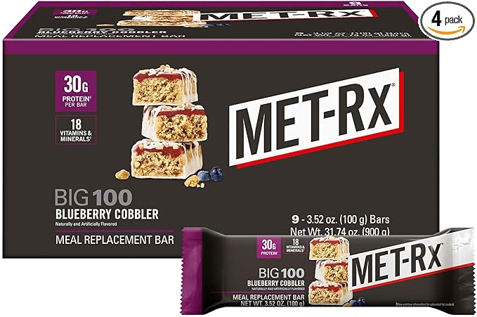 MET-Rx Big 100 Colossal Protein Bars, Healthy Meal Replacement Snack, Blueberry Cobbler, 3.52 oz, 4 Count