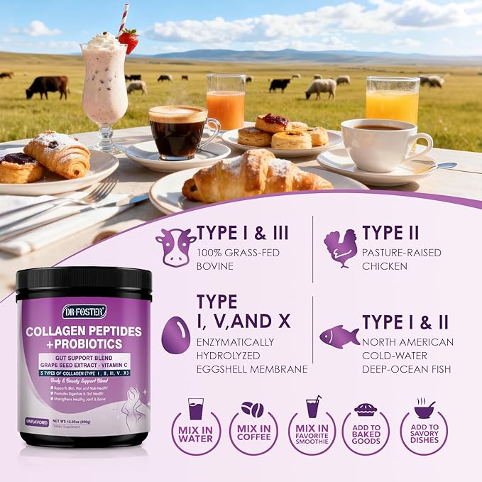 DRFOSTER Collagen Peptides Powder with Probiotics - Hydrolyzed Collagen Type I II III V X with Antioxidant Blend - Multi Collagen for Women Support Skin Hair Nail Joints & Gut, 35 Servings, Non-GMO
