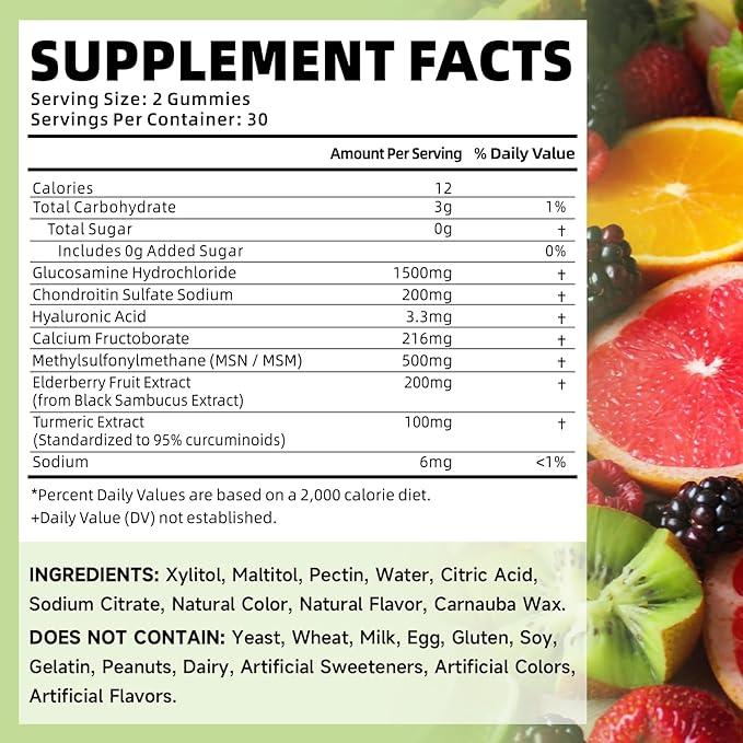 softbear Glucosamine Chondroitin Gummies for Adults, Sugar Free Chondroitin & Glucosamine Nutritional Supplements for Joint Support, Mixed Fruit Flavor, 60 Count