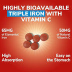 Iron Supplement, 3-in-1 65mg Iron Complex Ferrous Bisglycinate, Sulfate, Carbonyl Iron with Natural Vitamin C, Stomach Friendly Iron Pills for Blood Building, High Absorption, Non GMO, 60 Vegan Tabs