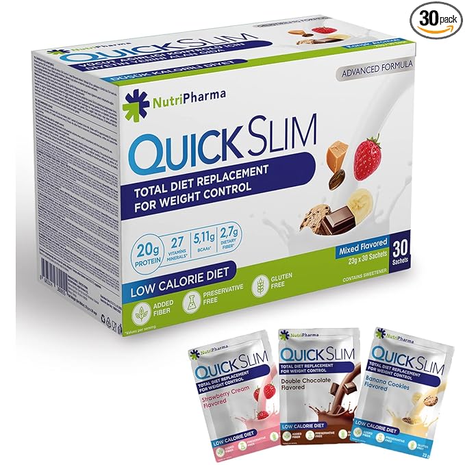 Quick Slim Meal Replacement Shake for Weight Loss, 30 Servings, 20g Protein, 27 Vitamins & Minerals, Dietary Fiber, Low Carb, Gluten Free