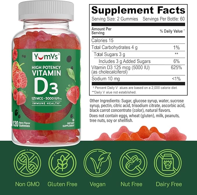 YUM-V'S Vitamin D3 Gummies 5000 IU 125mcg D3 Gummies - Support Immune Support, Strong Bone Health - Non-GMO, Gluten-Free, Dairy-Free, Vitamin D Gummy (60 Count)