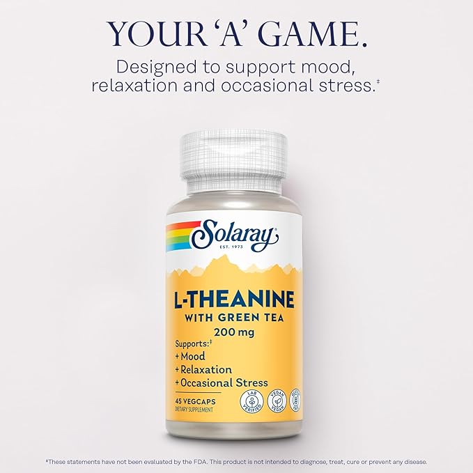 SOLARAY L-Theanine 200mg with Green Tea - Healthy Mood, Relaxation and Occasional Stress Support - Lab Verified, Vegan, Gluten Free - 45 Servings, 45 VegCaps