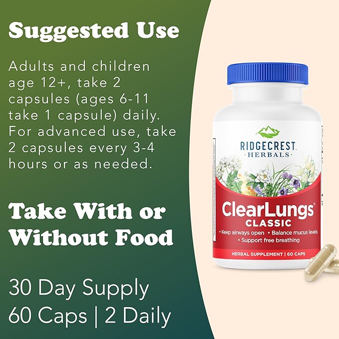 RidgeCrest Herbals ClearLungs Classic, Daily Health Supplement, Natural Lung and Nasal Wellness Formula for Bronchial, Respiratory, Immune, Sinus, and Mucus Support (60 Vegan Caps, 30 Serv)
