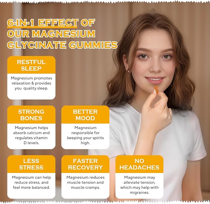 Magnesium Glycinate Gummies 1000mg - Sugar Free Magnesium Potassium Supplement with Vitamin D, B6, CoQ10 for Calm Mood & Sleep Support - 60 Orange Gummies