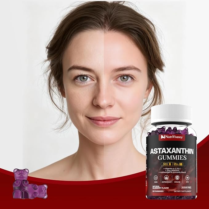 Astaxanthin Gummies, 12mg Per Gummy 24mg Max, Astaxanthin Supplements with Vitamin A/C/D/E, Resveratrol, 14-IN-1 Antioxidants Blend for Women Men, Skin, Eyes, Immune Support, Sugar Free, Vegan, 60 Ct