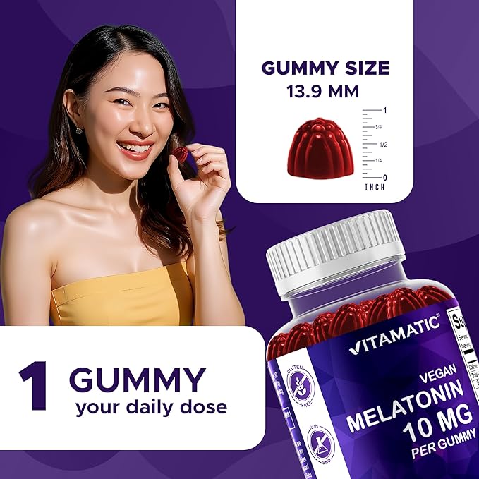 Vitamatic Melatonin 10 mg Vegetarian Gummies – Non-Habit Forming – 60 Gummies per Bottle – 4-Pack (Total 120 Vegan Gummies)