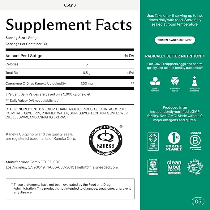 Needed. CoQ10 200mg Supplement - Ubiquinol 200mg for Women and Men – Coenzyme Q10 Preconception Health Supplement, Non-GMO, Softgels – 30 Count