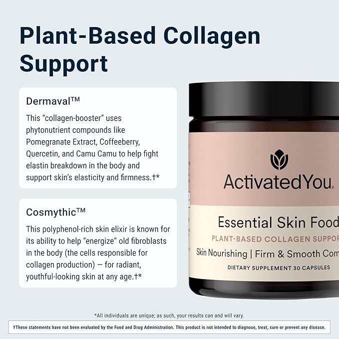 ACTIVATEDYOU Essential Skin Food, Advanced Skincare Collagen Elastin Support Supplement for Aging Skin, Helps Improve Appearance of Face Texture, Sagging w/Dermaval, Vitamin C, Lysine (30 Capsules)