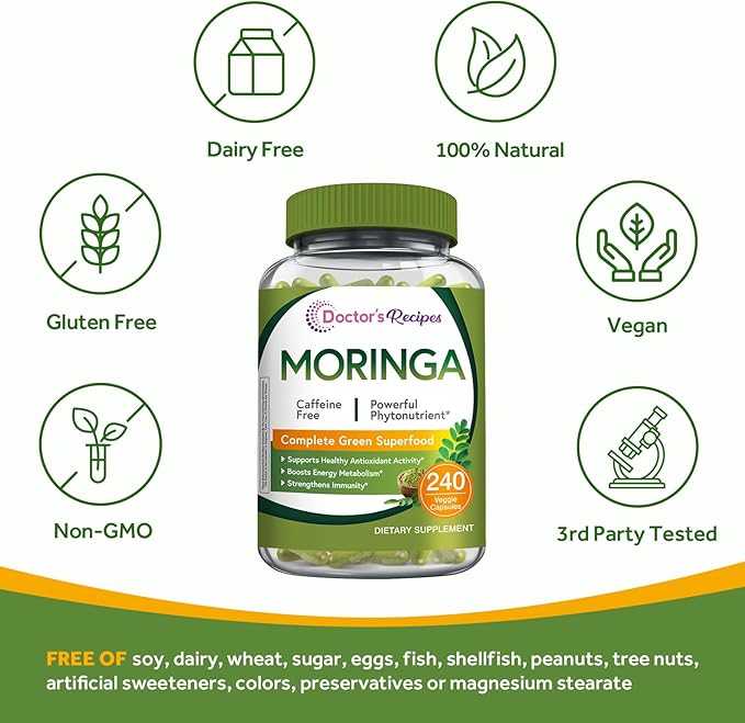 Doctor's Recipes Moringa, Complete Green Superfood, Natural Antioxidant Support, Non-GMO, 240 Vegan Caps, No Caffeine Soy Gluten
