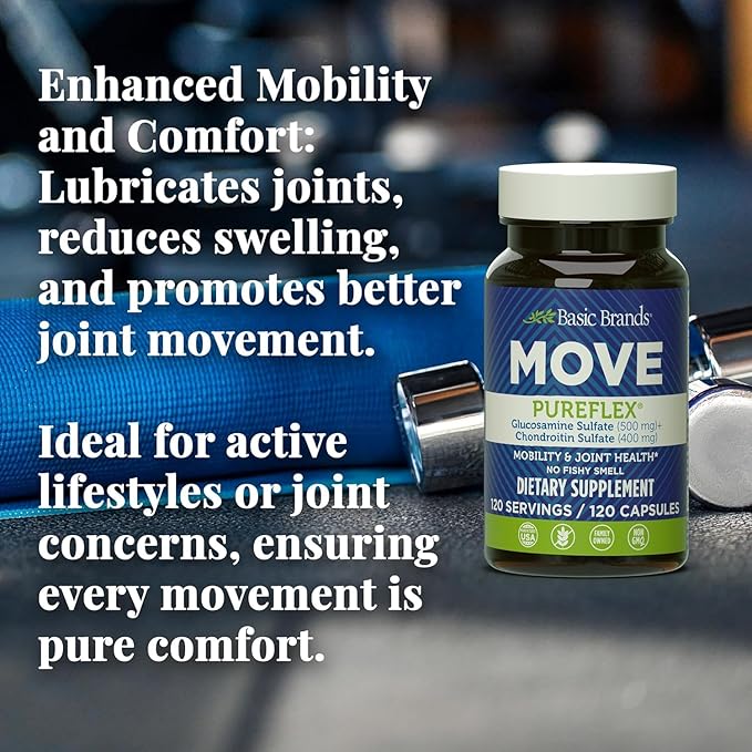 Basic Brands -Move Pureflex Glucosamine Chondroitin 120 Capsules – Joint Support Supplement for Cartilage, Mobility & Flexibility – Glucosamine Sulfate & Chondroitin Sulfate – Made in USA