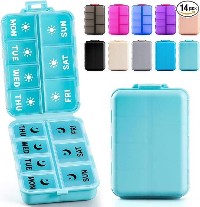 Foldable & Portable Weekly Pill Organizer 2 Times a Day with Clear Printed Labels - 7 Day AM PM Medicine Box, Week Daily Travel Pill Meds Case Holder for Medications, Vitamin, Supplement - SkyBlue