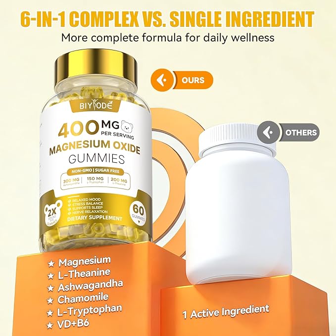 Magnesium Gummies Supplement with Magnesium Oxide L-Theanine Ashwagandha Vitamin D3 & B6 Supports Relaxation Mood Balance Sleep Wellness & Stress Management Sugar-Free Orange Flavor 60 Count