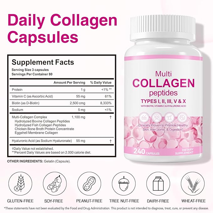 Multi Collagen Peptides Capsules, 240Pcs, Type I,II，V, X for Healthy Skin, Bone, Joint, Hair, Nail|Hydrolyzed Collagen Peptides, Easy Digestion, Unflavored for Women & Men
