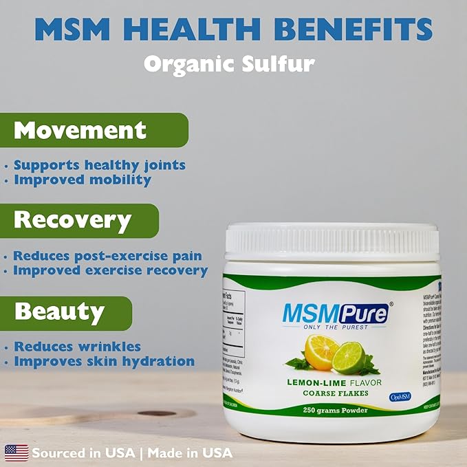 KALA HEALTH MSMPure Lemon Lime Flavored Coarse MSM Powder Flakes – Organic Sulfur for Joint Flexibility, Skin Appearance, and Hair & Nail Support – 8.8 oz, USA Made, Distilled Crystals