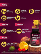 Iron Supplement for Women Men, High Potency Iron 65mg with Vitamin C 250mg, Stomach Friendly Iron Pills for Red Blood Cell & Immune Support, Vegan, Non-GMO & Gluten Free,120 Vegan Tablets