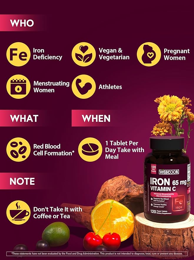 Iron Supplement for Women Men, High Potency Iron 65mg with Vitamin C 250mg, Stomach Friendly Iron Pills for Red Blood Cell & Immune Support, Vegan, Non-GMO & Gluten Free,120 Vegan Tablets