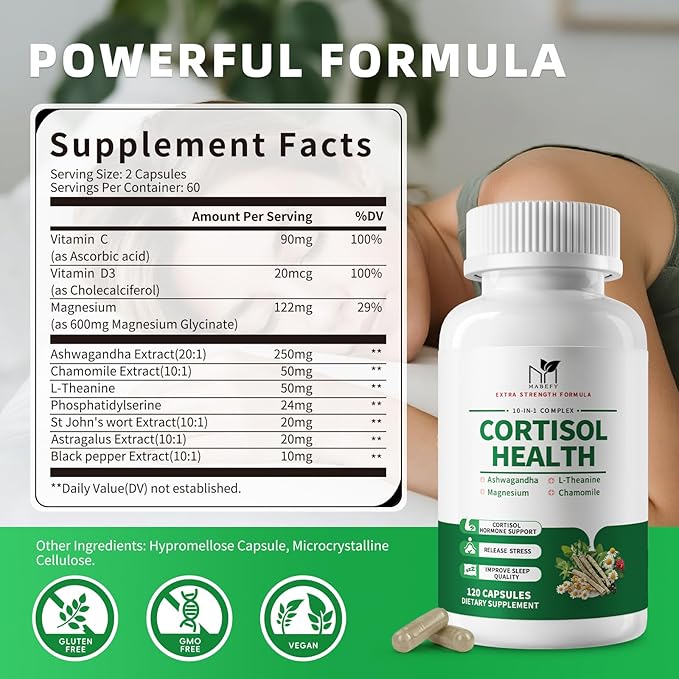 Cortisol Supplements for Women/Men - 10 in 1 Cortisol Manager Reducer Lower Detox Balance with Magnesium, Ashwagandha, L-Theanine for Stress, Sleep, Calm, Mood Support - 60 Capsules for 30 Days