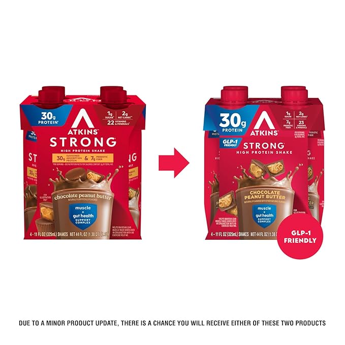 Atkins Strong High Protein Shake, Chocolate Peanut Butter Flavor, 30g Protein, Low Carb and Low Sugar Shake, Keto Friendly, Gluten Free, Muscle and Gut Health Support Complex (Pack of 24)