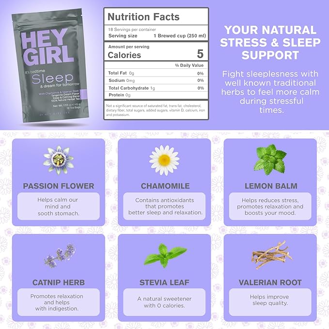 Hey Girl Sleep Tea - Natural Herbal Bedtime Tea Bags with Chamomile, Passion Flower, Valerian Root, Lemon Balm - Calming, Relaxing Adults Sleepy Night Time Tea - Relaxation Gifts for Women 3-packs