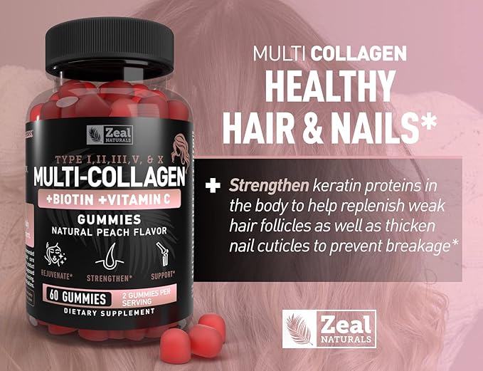 Multi Collagen Peptide Gummies (1, 2, 3, 5 & 10) + Vitamin C + Biotin + Hyaluronic Acid | Supports Healthy Hair, Skin, and Nails | Non-GMO and Gluten-Free | Natural Peach Flavor | 60 Gummies