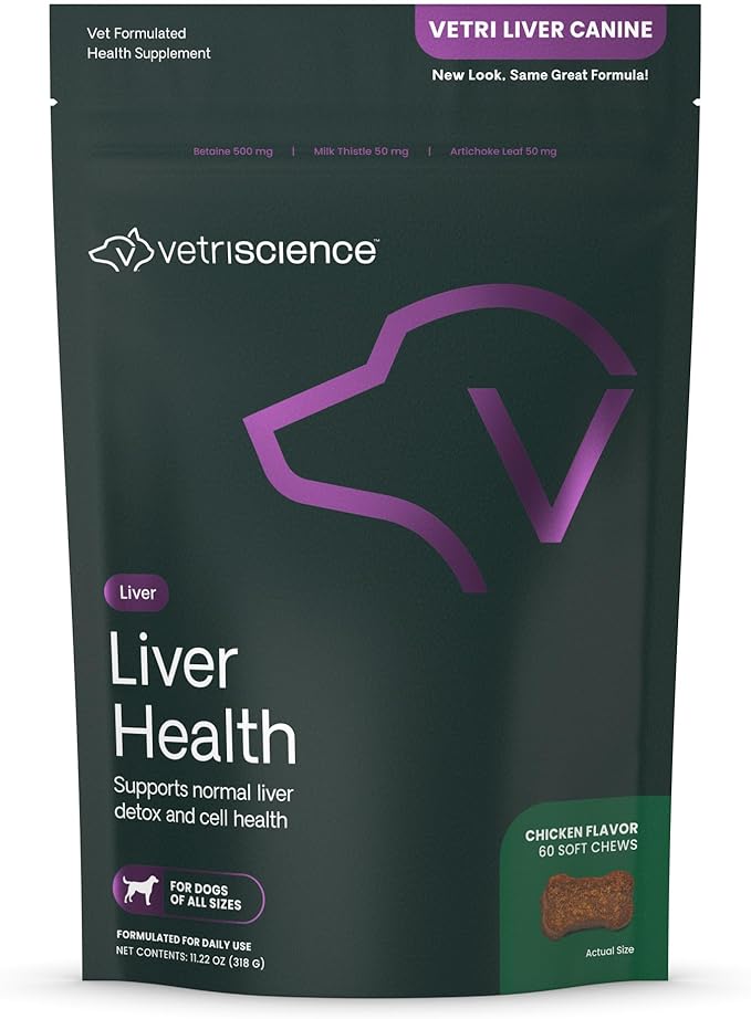 VetriScience Liver Health Chews with Milk Thistle, Vetri Liver Detox Supplement for Dogs, Turmeric and Artichoke Leaf for Liver Support and Detoxification, Chicken, 60 Count