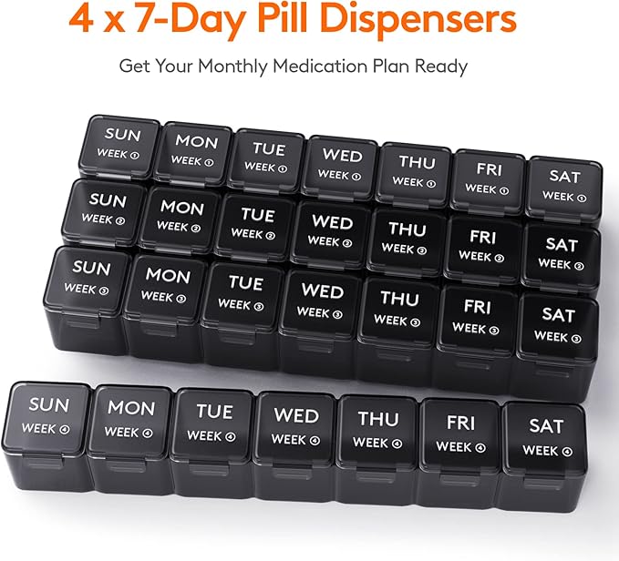 Lifewit Monthly Pill Organizer, 28 Day Pill Box, 4 Weeks One Month Vitamin Cases, Large Compartments Medicine Organizer for Fish Oils, Supplements, 28 Grids, Black