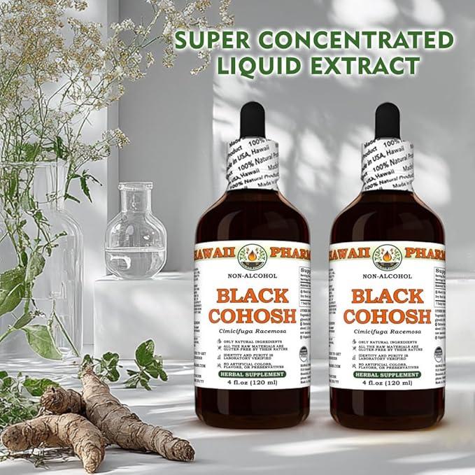 Black Cohosh (Cimicifuga Racemosa) Dry Root Glycerite, Made in Hawaii, Raw Materials, All Natural, Vegan, Lab Tested Alcohol-Free Liquid Extract - 4 fl.oz