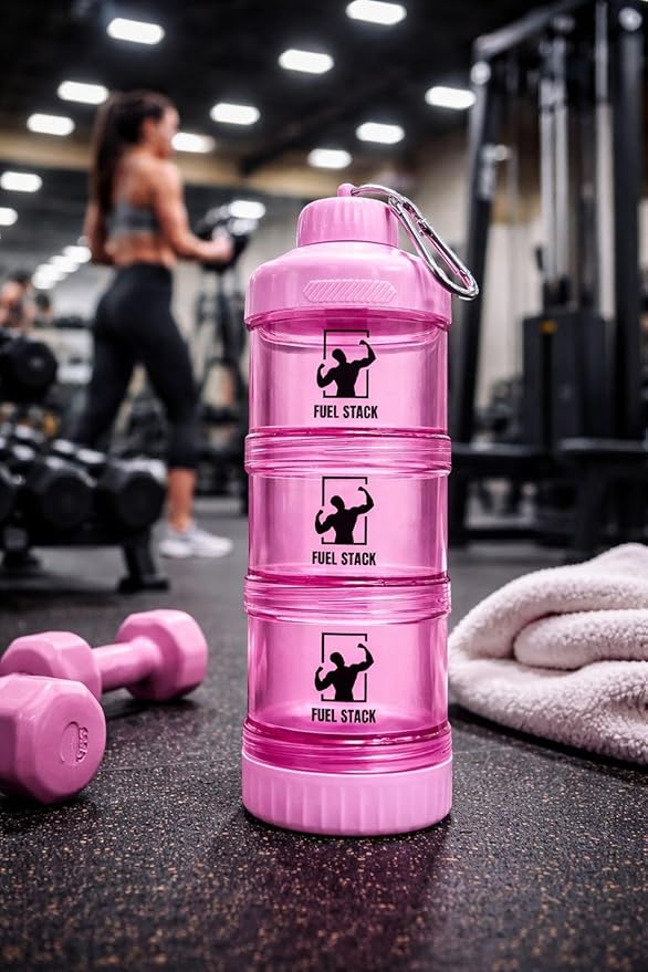 FuelStack Portable Protein Powder Container – Stackable Supplement Storage with Pill Organizer for Gym & Travel (Pink)