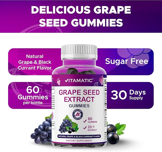 Vitamatic Grape Seed Extract Gummies – Plant-Based Botanical Extract – Natural Grape & Black Currant Flavor – Vegan, Non-GMO – Herbal Supplement – 60 Gummies - 2 Pack