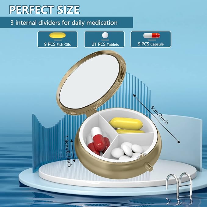 Pill Case Pill Box with Mirror Retro 3 Compartment Small Pill Case for Purse or Pocket Bronze Small Roud Pill Box or Vitamins, Fish Oil, Supplements, Pill Containe Travel Gifts（Retro Red Flowers）