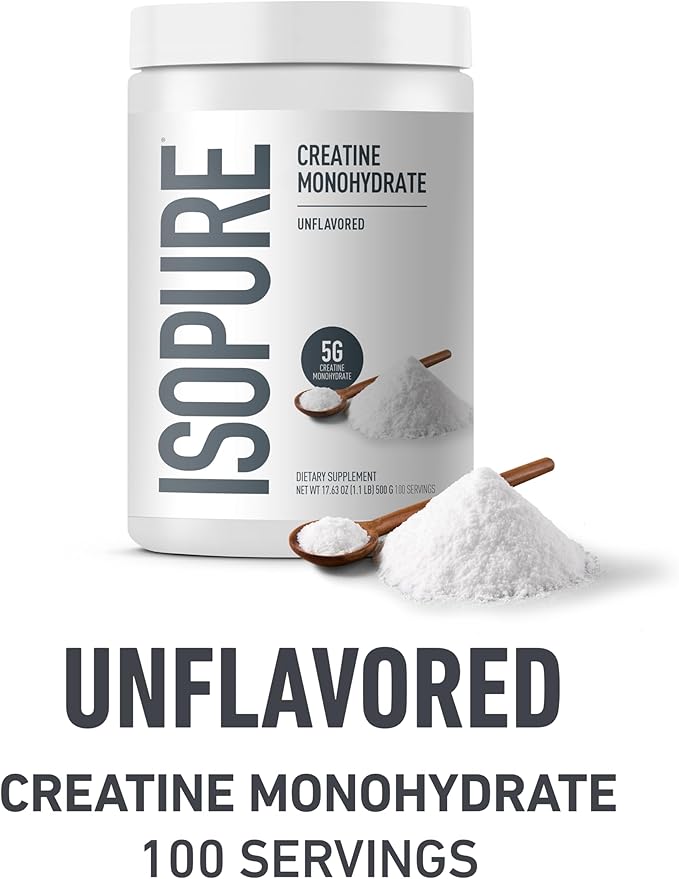 Isopure Bundle of Low Carb 100% Pure Whey Isolate Protein Powder, Dutch Chocolate, 25g Protein Per Serving, 1 Lb, 15 Servings + Isopure 100% Pure Creatine Monohydrate Powder, 100 Servings