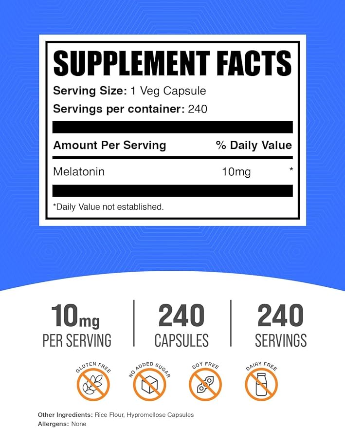 BulkSupplements.com Melatonin 10 mg Capsules - Melatonin for Adults, Sleep Supplement - 10mg Melatonin per Serving, 1 Capsule per Serving, 240 Capsules (Pack of 1)