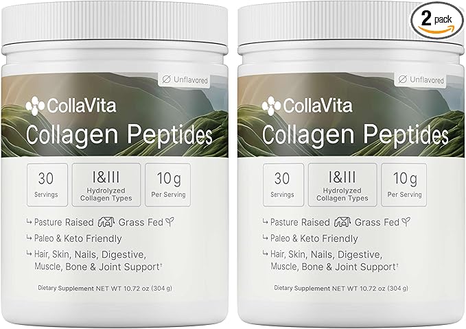 CollaVita Collagen Peptides (2 Month Supply) Grass-Fed Pasture-Raised Hydrolyzed Collagen Powder, Type I & III Hair, Nails, Skin & Joints, Non-GMO, Paleo & Keto, Unflavored 10 oz 2 Pack 30 Serving x 2
