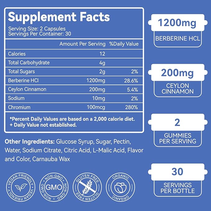 Berberine Gummies with Ceylon Cinnamon,1200mg Berberine HCI Supplement for Metabolism and Energy Support, Vegan, Gelatin-Free - 60 Count