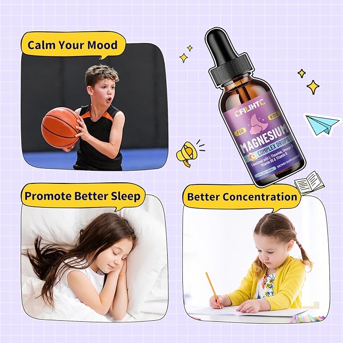 Kids Magnesium Liquid Drops-Magnesium Glycinate Liquid for Kids Supplement-w/L-theanine, Omega-3, Vitamin B6, D3 - for Sleep, Relaxation, Brain, Bones - Peach Flavor, 4 Fl Oz