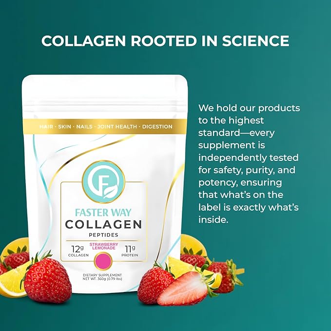 Faster Way - Collagen Peptides - 12g Hydrolyzed Collagen + 11g Protein Per Serving - Hair, Skin & Nails - Amino Acids- Sugar, Gluten & Dairy Free - Non-GMO - Strawberry Lemonade - 30 Servings
