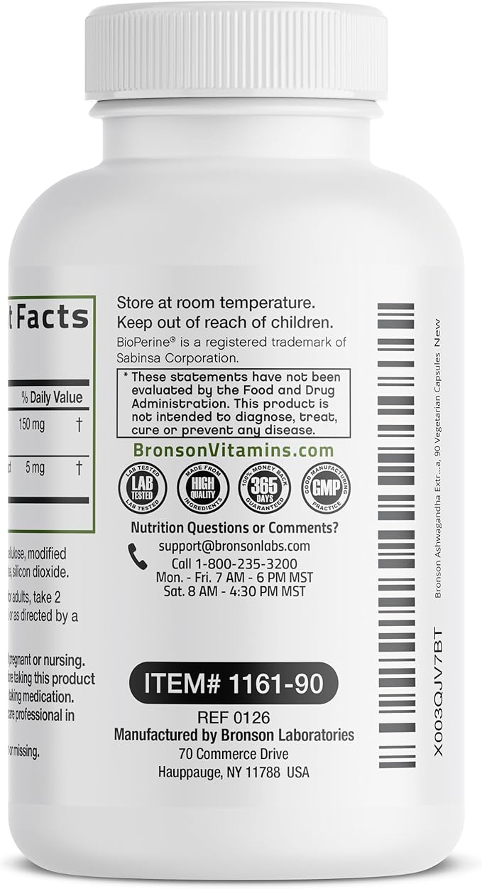 Bronson Ashwagandha Extra Strength Stress & Mood Support with BioPerine - Non GMO Formula, 90 Vegetarian Capsules