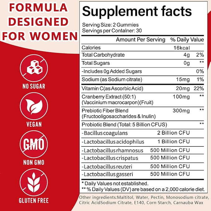 Vaginal Probiotics Gummies for Women, Premium Feminine pH Balance Gummies, Healthy Odor, Yeast Balance & Flora + Vitamin C for Immune Support, 60ct Cranberry Flavor