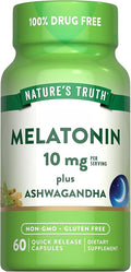 Nature's Truth Melatonin 10mg with Ashwagandha | 60 Capsules | Non-GMO & Gluten Free Supplement for Adults